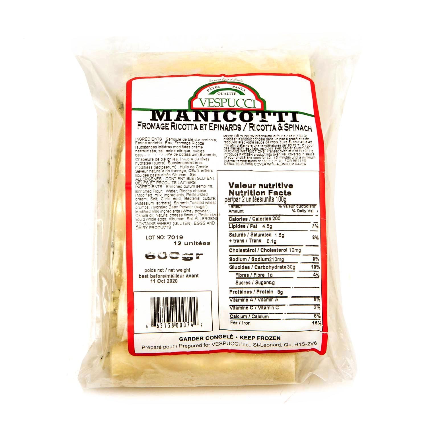 Manicotti ricotta et épinards surgelés x12